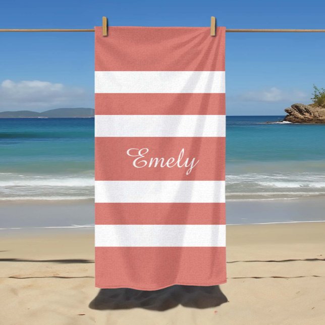 Modern Name Coral Pink Striped Pool  Beach Towel (Custom Name Modern Name Coral Pink Striped Pool Beach Towel)