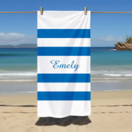 Modern Name French Blue Striped Pool Beach Towel
