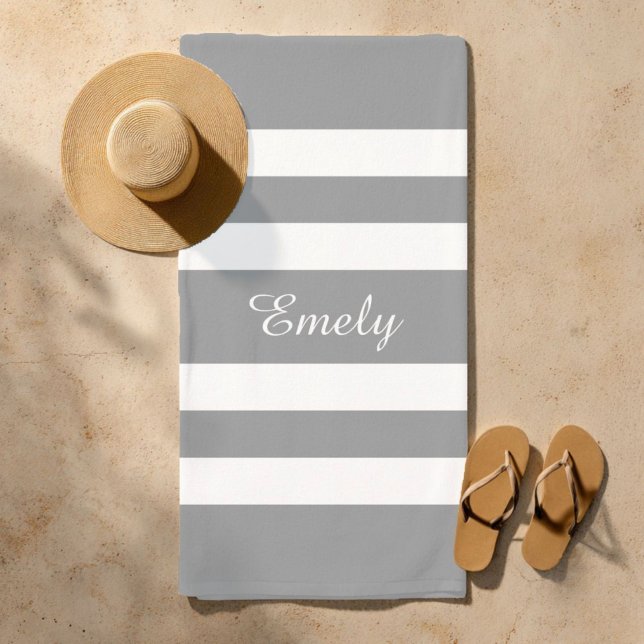 Modern Name Gray Striped Pool  Beach Towel (Modern Name Gray Striped Pool Beach Towel)