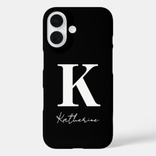 Modern Name Initial Black White Personalize iPhone 16 Case