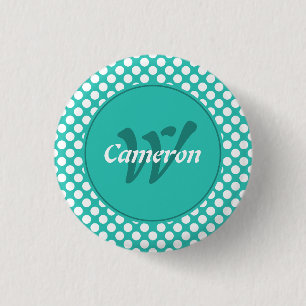 Modern Name Initial Turquoise White Polka Dots 3 Cm Round Badge
