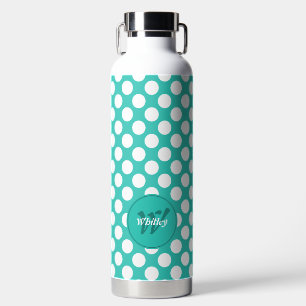 Modern Name Initial Turquoise White Polka Dots Water Bottle