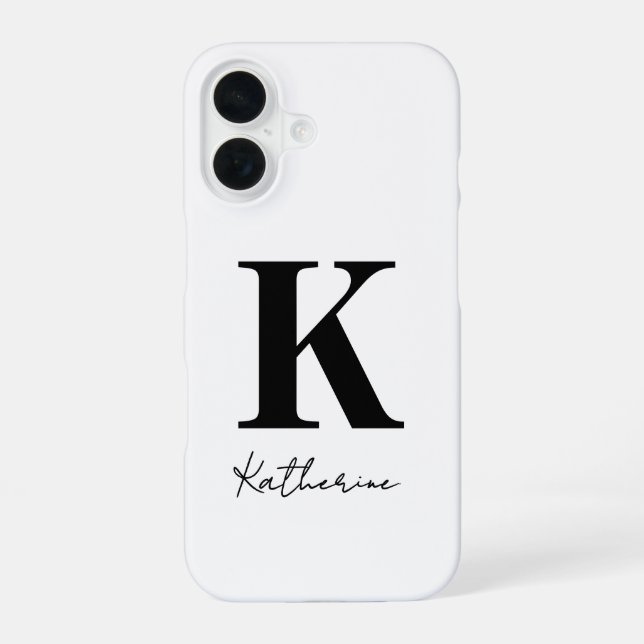 Modern Name Initial White Black Personalize iPhone 16 Case (Back)