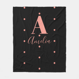 Modern Name Monogram Black Rose Gold Polka Dot Fleece Blanket