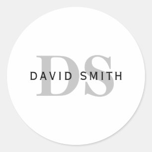 Modern Name & Monogram   Black White & Grey Classic Round Sticker
