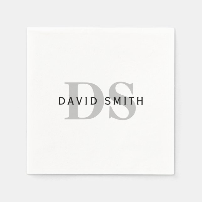 Modern Name & Monogram | Black White & Grey Napkin (Front)