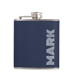 Modern Name Monogram Dark Blue White Stripes Hip Flask