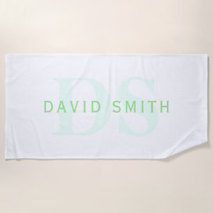 Modern Name & Monogram   Green & White Beach Towel
