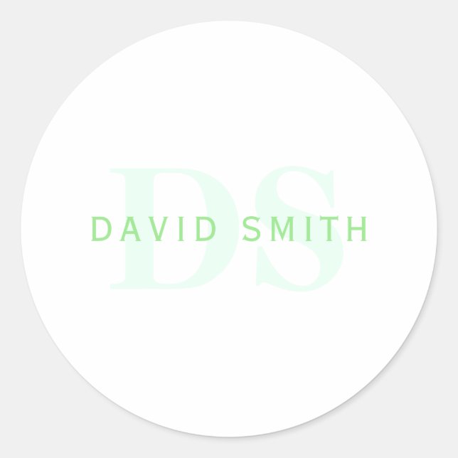 Modern Name & Monogram | Green & White Classic Round Sticker (Front)