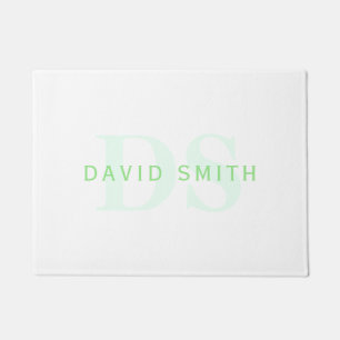 Modern Name & Monogram   Green & White Doormat