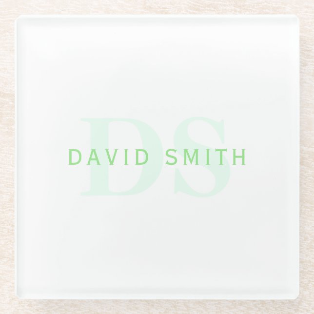 Modern Name & Monogram | Green & White Glass Coaster (Front)
