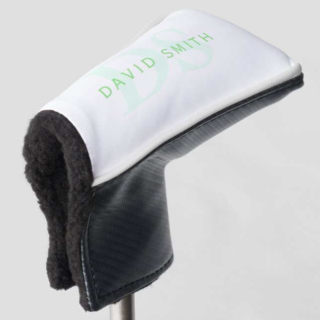 Modern Name & Monogram | Green & White Golf Head Cover (3/4 Front)