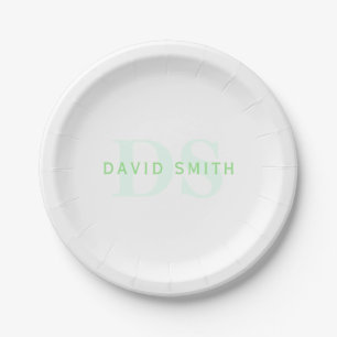 Modern Name & Monogram   Green & White Paper Plate