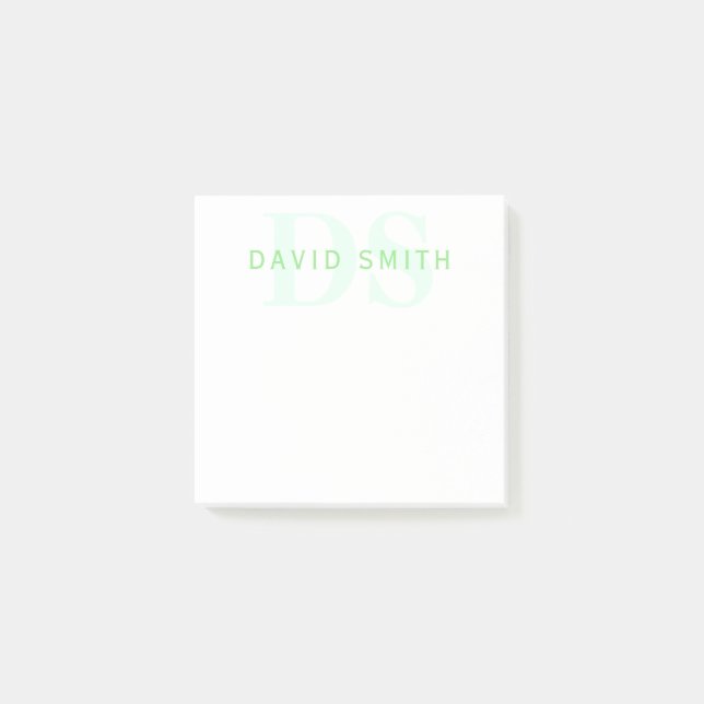 Modern Name & Monogram | Green & White Post-it Notes (Front)