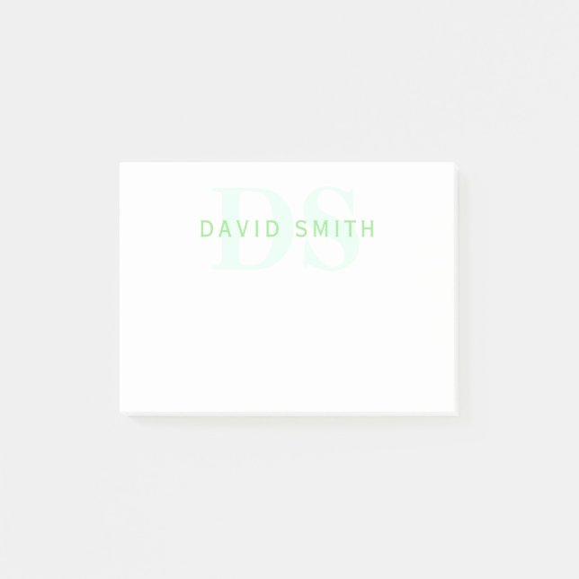 Modern Name & Monogram | Green & White Post-it Notes (Front)