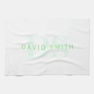 Modern Name & Monogram   Green & White Tea Towel
