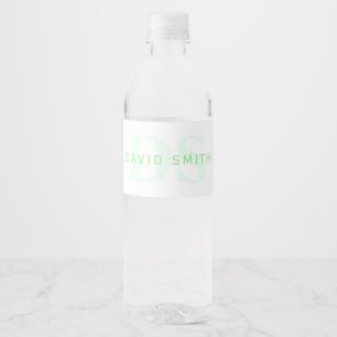 Modern Name & Monogram Green & White Water Bottle Label