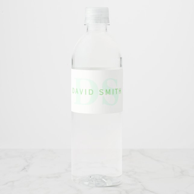 Modern Name & Monogram | Green & White Water Bottle Label (Front)