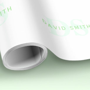 Modern Name & Monogram   Green & White Wrapping Paper