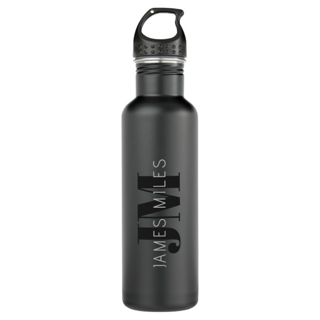 Modern Name & Monogram | Grey & Black 710 Ml Water Bottle (Front)