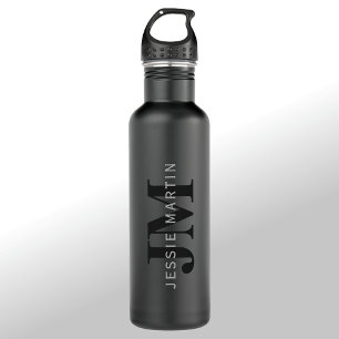 Modern Name & Monogram   Grey & Black 710 Ml Water Bottle
