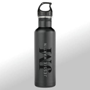 Modern Name & Monogram   Grey & Black 710 Ml Water Bottle