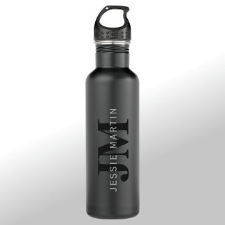 Modern Name & Monogram | Grey & Black 710 Ml Water Bottle