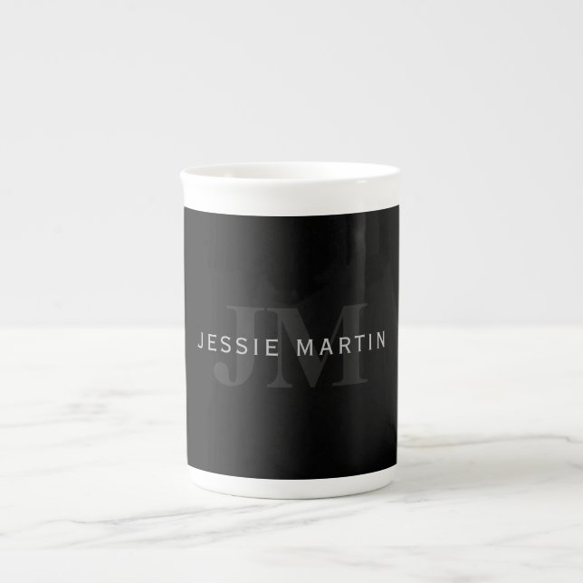 Modern Name & Monogram | Grey & Black Bone China Mug (Front)