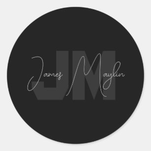 Modern Name & Monogram   Grey & Black Classic Round Sticker