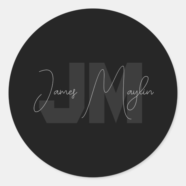 Modern Name & Monogram | Grey & Black Classic Round Sticker (Front)