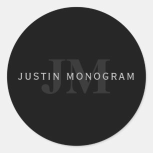 Modern Name & Monogram   Grey & Black Classic Round Sticker