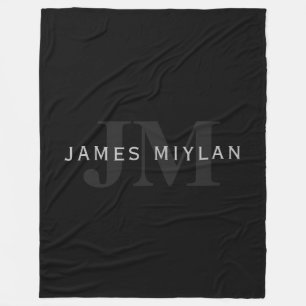 Modern Name & Monogram Grey & Black Fleece Blanket