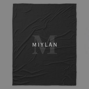 Modern Name & Monogram Grey & Black Fleece Blanket