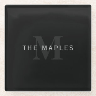 Modern Name & Monogram   Grey & Black Glass Coaster