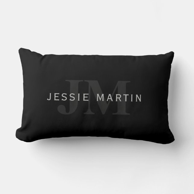 Modern Name & Monogram | Grey & Black Lumbar Cushion (Front)