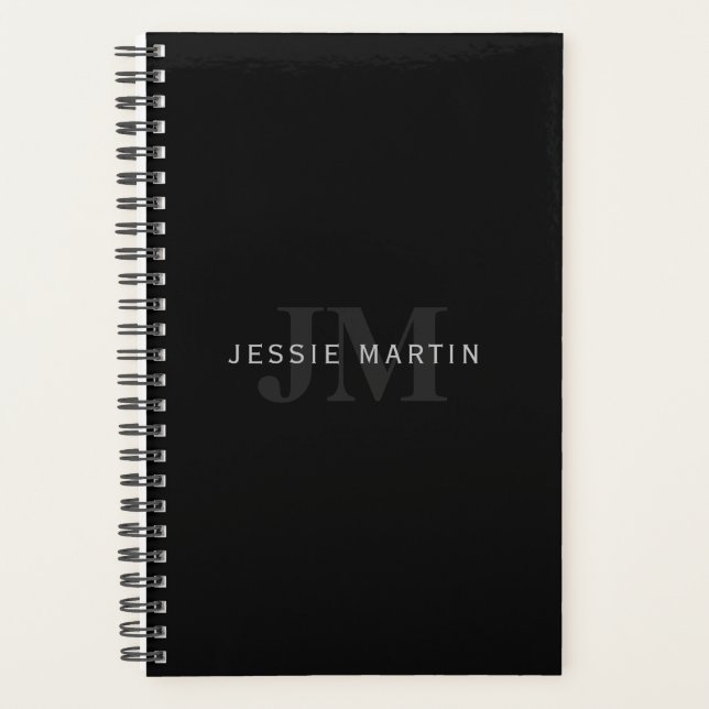 Modern Name & Monogram | Grey & Black Planner (Front)