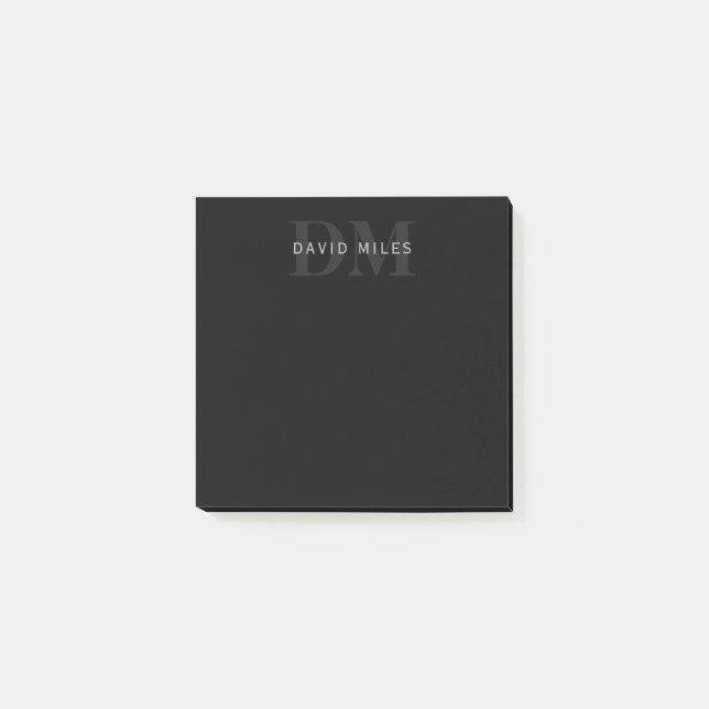 Modern Name & Monogram | Grey & Black Post-it Notes (Front)