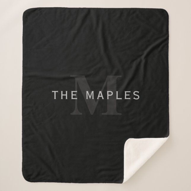 Modern Name & Monogram | Grey & Black Sherpa Blanket (Front)