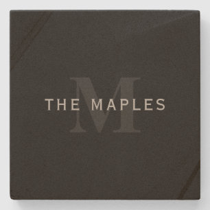 Modern Name & Monogram   Grey & Black Stone Coaster