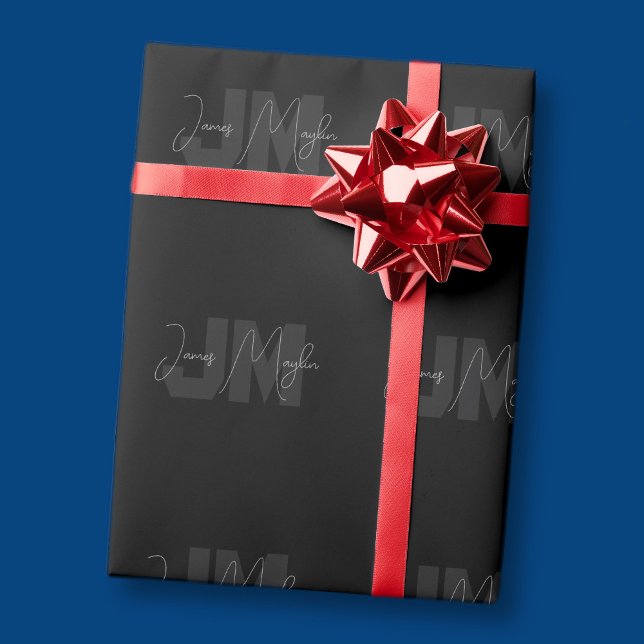 Modern Name & Monogram | Grey & Black Wrapping Paper (Creator Uploaded)