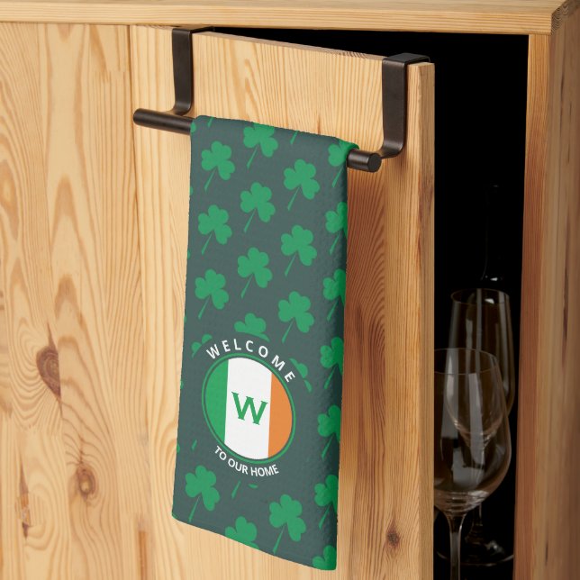 Modern Name Monogram Irish Flag Shamrock Tea Towel (Thirds Fold)