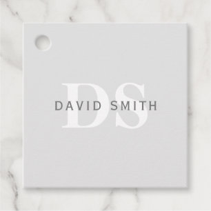 Modern Name & Monogram Light & Dark Grey White Favour Tags