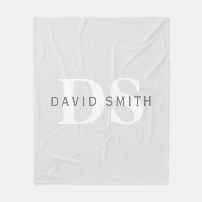 Modern Name & Monogram | Light & Dark Grey White Fleece Blanket (Front)