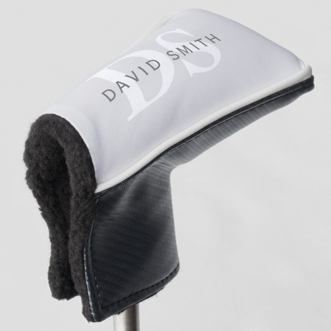 Modern Name & Monogram | Light & Dark Grey White Golf Head Cover (3/4 Front)