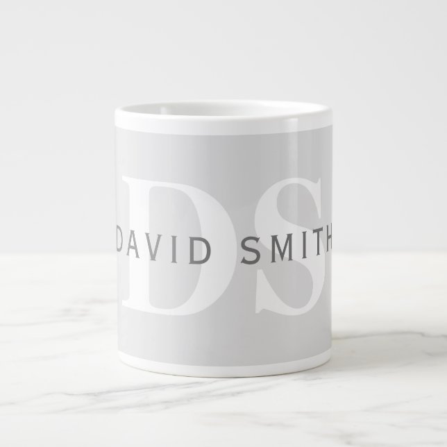 Modern Name & Monogram | Light & Dark Grey White Large Coffee Mug (Front)