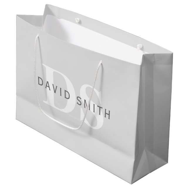 Modern Name & Monogram | Light & Dark Grey White Large Gift Bag (Front Angled)