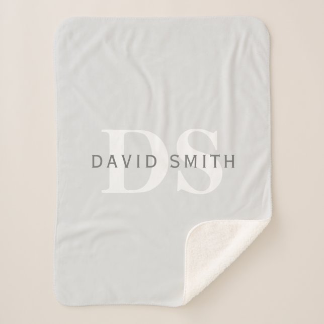 Modern Name & Monogram | Light & Dark Grey White Sherpa Blanket (Front)