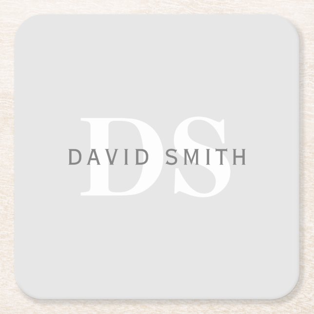 Modern Name & Monogram | Light & Dark Grey White Square Paper Coaster (Front)