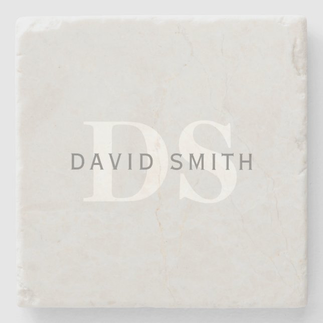 Modern Name & Monogram | Light & Dark Grey White Stone Coaster (Front)