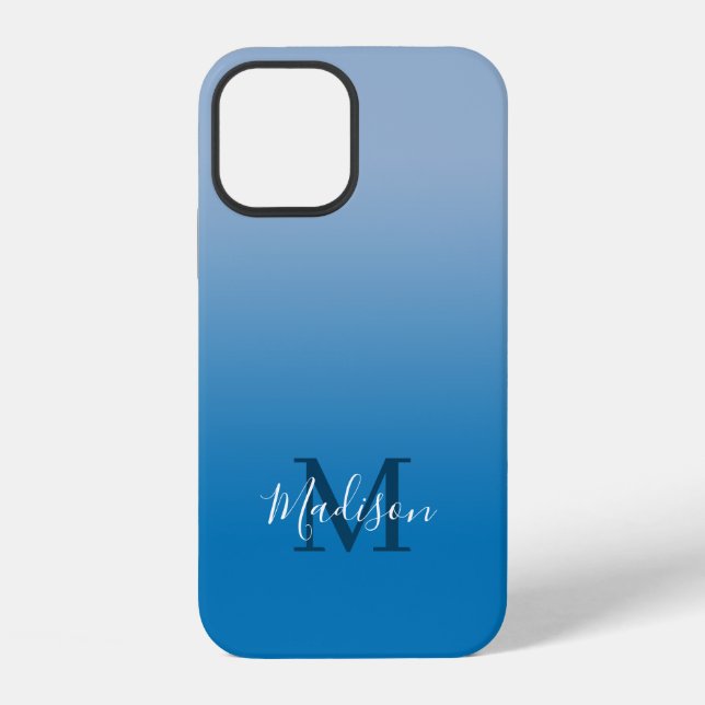 Modern Name Monogram Light to Dark Blue Gradient iPhone Case (Back)